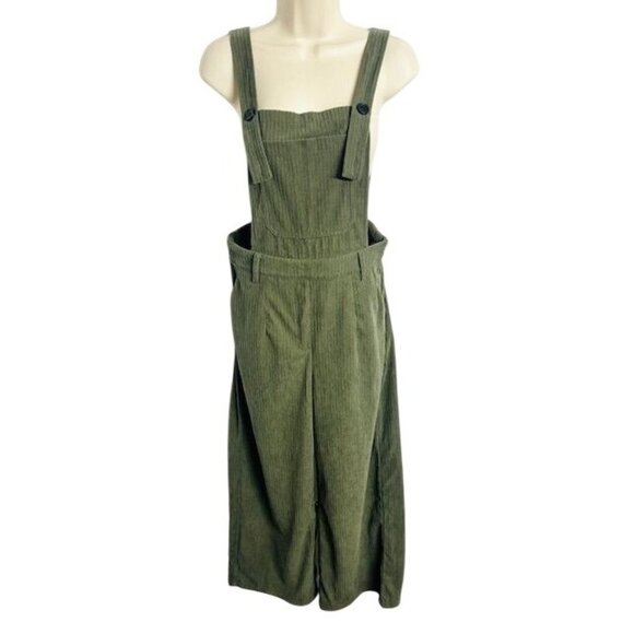 Cider Pants - Cider NWT Women Corduroy Boho Grunge Olive Green Wide Legs Overalls Adj Straps M
